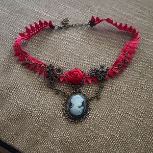 Beautiful Victorian Style Redish Rose Choker with Cameo Pendant